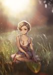Rating: s Tags: 1girl aro_(charged_time_out) bangs blonde_hair breasts cleavage collarbone dress field grass lens_flare short_hair sitting small_breasts smile solo sundress swept_bangs yellow_eyes yokozuwari