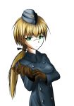 Rating: s Score: 3 Tags: 1girl absurdres adjusting_clothes adjusting_gloves blonde_hair garrison_cap gloves green_eyes hanna_rudel hat highres jacket jatts long_hair military military_uniform ponytail scar solo strike_witches trench_coat uniform