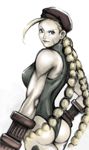 Rating: q Score: 13 Tags: ass beret blonde_hair blue_eyes bodypaint braid cammy_white capcom fingerless_gloves gloves hat highres leotard scar single_braid street_fighter street_fighter_iv