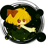 Rating: s Tags: 1girl ascot blonde_hair blush_stickers bow chibi darkness hair_ribbon natsuno_riku outstretched_arm red_eyes ribbon rumia short_hair skirt smile solo star tongue tongue_out touhou
