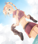 Rating: s Score: 7 Tags: belt blonde_hair blue_eyes boots chrono_(series) chrono_cross cloud female kid_(chrono_cross) long_hair looking_back miniskirt pochi_(pixiv19310) ponytail skirt sky smile solo water