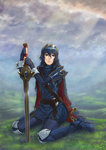 Rating: s Score: 8 Tags: 1girl bangs belt blue_dress blue_eyes blue_hair cape cloud cloudy_sky dress elbow_gloves field fingerless_gloves fire_emblem fire_emblem:_kakusei gloves goma_(goma-folio) grass greaves hair_between_eyes kneeling light_frown long_hair looking_afar lucina on_ground outdoors parted_lips planted_sword planted_weapon sheath sitting sky solo spaulders sunlight sword sword_plant tiara wariza weapon wet wet_hair