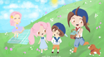 Rating: s Tags: 2boys 2girls brown_eyes brown_hair child deviantart dog harvest_moon if_they_mated jack_(harvest_moon) lyla_(harvest_moon) paper-sting pink_hair tagme twintails