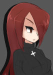 Rating: s Tags: 1girl cross female grey_background hair_over_one_eye long_hair parasoul_(skullgirls) red_eyes red_hair simple_background skullgirls solo sweater turtleneck