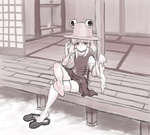 Rating: s Tags: 1girl feet hat highres kuro_suto_sukii monochrome moriya_suwako shoes_removed short_hair sitting smile solo thighhighs touhou white_legwear