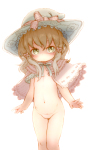 Rating: e Score: 72 Tags: 1girl blonde_hair bottomless bow capelet feral_lemma flat_chest frills green_eyes hair_ribbon hat highres loli navel nude original ribbon solo source_request white_background witch_hat