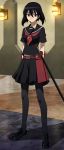 Rating: s Score: 10 Tags: 1girl akame_ga_kill! black_hair kurome_(akame_ga_kill!) screencap short_hair skirt solo standing stitched sword thighhighs weapon