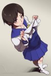 Rating: s Score: 2 Tags: 1girl black_hair blush brown_eyes feguimel from_above hasegawa_fumi looking_at_viewer sailor_collar school_swimsuit school_uniform shirt_lift short_hair skirt smile socks solo swimsuit watermark white_legwear yuyushiki