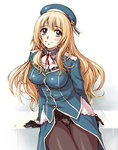 Rating: q Tags: 1girl atago_(kantai_collection) black_gloves black_legwear blonde_hair blush breasts clothed_nipples gloves green_eyes hat kantai_collection long_hair neckerchieft panties panties_under_pantyhose pantyhose personification same sitting smile solo underwear