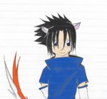 Rating: s Score: -5 Tags: 1boy :3 animal_ears artist_request black_hair blue_eyes blue_shirt cat_ears cat_tail lined_paper male_focus naruto solo t-shirt tail uchiha_sasuke