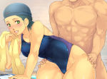Rating: e Score: 4 Tags: 1boy 1girl ass_grab bare_shoulders bent_over blush breasts cleavage clothed_female_nude_male competition_swimsuit gradient_background green_eyes green_hair highres large_breasts leaning_forward legs looking_back mound_of_venus pool sex short_hair solo_focus swimsuit thick_thighs thighs towel vaginal water wet yoko_juusuke