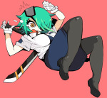 Rating: s Score: 10 Tags: 1girl black_legwear breasts eyepatch gloves green_hair hair_ornament hair_over_one_eye high_heels impossible_clothes impossible_shirt large_breasts necktie open_mouth orange_eyes otonashi_kiruko pantyhose pink_background ringed_eyes saburou_(sblo) shinmai_fukei_kiruko-san shirt shoes short_hair simple_background skirt solo sword tears tonfa uniform wavy_mouth weapon