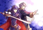 Rating: s Score: 10 Tags: 1boy 1girl back-to-back belt blue_hair book cape fighting_stance fingerless_gloves fire_emblem fire_emblem:_kakusei gloves hood lucina my_unit silver_hair sword weapon