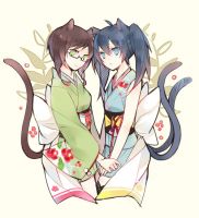 Rating: s Tags: Female, Male, Fanart, Twin Tails, Glasses, Kimono, Twins, Family, Blue Eyes, Green Eyes, Short Hair, Brothers, Blush, Tail, Nekomimi, Holding Hands, Two Girls, Gender Bending, Ahoge, Kemonomimi, Pixiv, Traditional Clothes, Siblings, Japanese Clothes, Duo, Smile, Cat Tail, Ao No Exorcist, Okumura Rin, Okumura Yukio, Seuga, Fanart From Pixiv, Okumura Twins, Okumura Rin (Female), Okumura Yukio (Female)