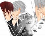 Rating: s Tags: Female, Male, Vampire Knight, Brown Hair, Brown Eyes, Short Hair, Uniform, White Hair, Zero Kiriyuu, Yuki Cross, Eyes Closed, Scan, Color Page, deviantART, Duo, School Uniform, Text, Hand In Hair, Colorization, Hand On Head, Face To Face