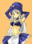 Rating: s Tags: Female, Long Hair, Red Eyes, Hat, White Hair, Capcom Fighting Jam, Purple Outfit, Solo, Looking Down, Ingrid, Straight Bangs, Bangs, Simple Background, Orange Background, Straight Hair
