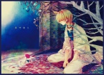 Rating: s Tags: Male, Fanart, Flower, Short Hair, Rope, Sad, Blonde Hair, Sitting, Jewelry, Tree, Petal, Gold Eyes, Serious, Ahoge, Earrings, Pixiv, Traditional Clothes, Arabian, Solo, Text, Body Piercing, Looking Down, Arabian Clothes, Japanese Text, Bent Knees, MAGI: The Labyrinth of Magic, Ali Baba Saluja, Pixiv Id 603863, Tree Japanese Text