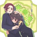Rating: s Tags: Male, Fanart, Brown Hair, Brown Eyes, Short Hair, Uniform, Purple Hair, Hug, Two Males, Heart, Open Mouth, Pixiv, Inazuma Eleven, Duo, School Uniform, Text, Level-5, Smile, Hand On Head, Holding Close, Japanese Text, Gakuran, Shindou Takuto, Pixiv Id 603644, Fanart From Pixiv, Closed Mouth, 1:1 Ratio, Inazuma Eleven Go, Minamisawa Atsushi, Multi-colored Eyes