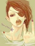 Rating: s Tags: Male, Brown Hair, Brown Eyes, Tattoo, Eyepatch, Jewelry, Tongue, Open Mouth, Earrings, Original, Nail Polish, Solo, Text, I Love You Gesture, Make Up, Body Piercing, Simple Background, Looking To Side, Text: Mangaka Name, English Text, Hymn Of Devil