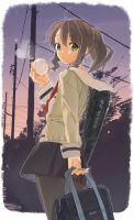 Rating: s Tags: Female, Sunset, Brown Hair, Green Eyes, Uniform, Food, Ponytail, Bag, Open Mouth, Utility Pole, Original, Bread, Pixiv, Solo, School Uniform, Looking Back, 15 (Artist), School Bag, White Border, Rounded Corners