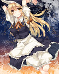 Rating: s Tags: Female, Fanart, Long Hair, Night, Clouds, Ribbon, Skirt, Hat, Blush, Apron, Blonde Hair, Touhou, Kirisame Marisa, Sky, Witch Hat, Bows (Fashion), Shirt, Braids, Gold Eyes, Dutch Angle, Open Mouth, Grin, Teeth, Pixiv, Bloomers (Victorian), Cuffs Design, Solo, Vest, Black Hat, Triangle, White Shirt, Frills, Standing, Smile, Single Braid, Puffy Sleeves, Short Sleeves, Leg Up, Stars (Sky), Buttons, Fanart From Pixiv, Orange Bow, Orange Ribbon, Cuffs, Standing On One Leg, Black Vest, Side Braid, Frilled Skirt, Detached Cuffs, Bare Knees, Cleavage Cutout, Black Skirt, Black Headwear, Pixiv Id 6423534, Black Outerwear, White Outerwear