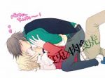 Rating: s Tags: Male, Fanart, Brown Hair, Green Eyes, Boots, Short Hair, Yaoi, Kiss, Blush, Belt, Blonde Hair, Eyes Closed, Sitting, Laying Down, Beard, Jewelry, Bracelet, Heart, White Background, Pixiv, Text, Hand On Shoulder, Simple Background, Sit On Top Of Each Other, Finger To Lips, Japanese Text, Laying On Back, Pixiv Id 2056325, Fanart From Pixiv, Tiger & Bunny, Barnaby Brooks Jr., Kaburagi T. Kotetsu