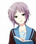 Rating: s Tags: Female, Suzumiya Haruhi no Yuuutsu, Short Hair, Uniform, Nagato Yuki, Gray Hair, Book, Gold Eyes, White Background, Solo, School Uniform, Simple Background, A-ka