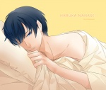 Rating: q Tags: Male, Ecchi, Fanart, Black Hair, Short Hair, Laying Down, Pillow, Pixiv, Solo, Text, Yellow Background, Hugging Pillow, Text: Character Name, Fanart From Pixiv, Pixiv Id 2960567, Nanase Haruka (Free!), Free!