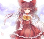 Rating: s Tags: Female, Flower, Long Hair, Brown Hair, Cherry Blossom, Touhou, Hakurei Reimu, Bows (Fashion), Red Outfit, Branch, Pixiv, Solo, Miya (Tsumazukanai)