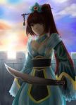 Rating: q Tags: Female, Ecchi, Flower, Long Hair, Brown Hair, Sun, Brown Eyes, Clouds, Ponytail, Sword, Sky, Weapons, Original, Hair Flower, Pixiv, Traditional Clothes, Solo, Hair Ornament, Smile, Collar (Clothes), Blue Sky, Looking At Camera, Pixiv Id 1699130