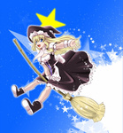 Rating: s Tags: Female, Long Hair, Blonde Hair, Touhou, Kirisame Marisa, Sky, Broom, Braids, Open Mouth, Broom Riding, Alternate Outfit, Solo, Riding, Smile, Arms Outstretched, Single Braid, Star (Symbol), Pixiv Id 176276