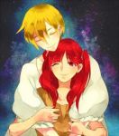 Rating: s Tags: Female, Couple, Male, Fanart, Night, Red Eyes, Short Hair, Blush, Red Hair, Hug, Blonde Hair, Eyes Closed, Sky, Wink, Colorful, Jewelry, Ahoge, Earrings, Side Tail, Pixiv, Traditional Clothes, Arabian, Duo, Standing, Smile, Body Piercing, Hug From Behind, Holding Close, Arabian Clothes, Stars (Sky), Night Sky, PNG Conversion, Magi The Labyrinth of Magic, Ali Baba Saluja, Morgiana, Deco (Pixiv1937627)