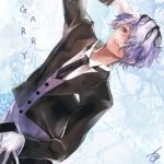 Rating: s Tags: Male, Blue Eyes, Short Hair, Gloves, Purple Hair, Tie, Pixiv, Peek-a-Boo Bang, Solo, Text, White Gloves, Black Tie, Text: Character Name, Tcb, Ib (Game), Garry