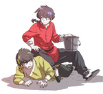 Rating: s Tags: Male, Fanart, Long Hair, Shadow, Black Hair, Short Hair, Ponytail, Sitting, Yellow Outfit, Two Males, Braids, Headband, Red Outfit, Ranma ½, Pants, Chinese Clothes, White Background, Pixiv, Fangs, Traditional Clothes, Hibiki Ryoga, Saotome Ranma, Duangua, Duo, Smile, Single Braid, Simple Background, Long Sleeves, Sit On Top Of Each Other, Rolled Up Sleeves, Mito Tomiko, Fanart From Pixiv, Nucket