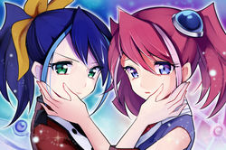 Rating: s Tags: Female, Fanart, Twin Tails, Blue Hair, Long Hair, Blue Eyes, Green Eyes, Yu-Gi-Oh!, Pink Hair, Ponytail, Bows (Fashion), Two Girls, Open Mouth, Sparkles, Hair Bow, Pixiv, Duo, Sidelocks, Hand on Head, Sleeveless, Collar (Clothes), Hand On Cheek, PNG Conversion, Fanart From Pixiv, Closed Mouth, Looking At Camera, Two-tone Hair, Yellow Bow, Pixiv Id 143114, Requested Upload, Bust, Short Twin Tails, Light Background, Exposed Shoulders, Yu-Gi-Oh! ARC-V, Hiragi Yuzu, Serena (Yu-Gi-Oh! ARC-V)
