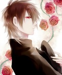 Rating: s Tags: Male, Flower, Rose, Brown Hair, Red Eyes, Hat, Original, Pixiv, Solo, Side View, Medium Hair, Hat Off, Pixiv Id 2421099, Headwear Removed