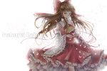 Rating: s Tags: Female, Fanart, Long Hair, Brown Hair, Brown Eyes, Ribbon, Skirt, Wind, Touhou, Hakurei Reimu, Butterfly, Bows (Fashion), Shirt, White Background, Sparkles, Hair Bow, Pixiv, Detached Sleeves, Solo, Hair Ornament, Red Ribbon, Text, Frills, Frill Sleeves, Simple Background, Long Sleeves, Wide Sleeves, Sleeveless, Red Shirt, Red Bow, Text: Character Name, Fanart From Pixiv, Closed Mouth, English Text, Sleeveless Shirt, Flowing Hair, Looking At Hands, Hair Tubes, Frilled Skirt, Glowing Background, Red Skirt, Yellow Neckwear, Frilled Collar, Frilled Bow, Pixiv Id 6057630