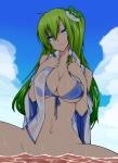 Rating: q Tags: Female, Ecchi, Water, Long Hair, Blue Eyes, Clouds, Green Hair, Open Shirt, Touhou, Sky, Wet, Shirt, Kochiya Sanae, Bottomless, Solo, Hair Ornament, Big Breasts, Open Clothes, Frog Clip, Hair Tubes
