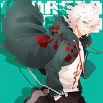 Rating: s Tags: Male, Fanart, Green Eyes, White Hair, Chain, Coat, Shirt, Pants, Pixiv, Solo, Hoodie, Text, Smile, Hand In Pocket, Open Clothes, Open Coat, Text: Character Name, Fanart From Pixiv, Closed Mouth, Gumidemo Kandero, Black Pants, 1:1 Ratio, English Text, Nagito Komaeda, Dangan-ronpa 2