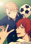 Rating: s Tags: Male, Fanart, Short Hair, Blonde Hair, Wink, Two Males, Jewelry, Earrings, Pixiv, Hair Clip, V Gesture, Duo, Body Piercing, Ball, Soccer Ball, Uta no☆prince-sama♪, Kurusu Shou, Ittoki Otoya, Fanart From Pixiv, mitsuba920