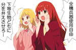 Rating: s Tags: Female, Two Girls, White Background, Duo, Simple Background, A1, Joshiraku, Buratei Marii, Haroukitei Kigurumi