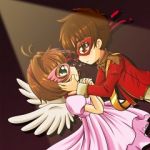 Rating: s Tags: Female, Male, Cardcaptor Sakura, Dress, Wings, Brown Hair, Li Syaoran, Kinomoto Sakura, Short Hair, Pink Dress, Mask, Pink Outfit, Ahoge, Domino Mask