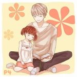 Rating: s Tags: Female, Male, Fanart, Twin Tails, Brown Hair, Short Hair, Blush, Eyes Closed, Gray Hair, Sitting, Book, Shin Megami Tensei: PERSONA 4, Seta Souji, Pixiv, Little Girl, Duo, Smile, Doujima Nanako, Junjam, Indian Style Sitting, Fanart From Pixiv, 1:1 Ratio