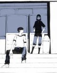 Rating: s Tags: Female, Couple, Male, Monochrome, School, Black Hair, Drinks, Short Hair, Morning, Black Eyes, Gym Clothes, Stairs, Original, Pixiv, Soda, Duo, Wall, Looking Up, Spot Color, Hand On Hip, Looking To Side, Onigunsou, Trash Can