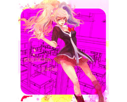 Rating: q Tags: Female, Ecchi, Fanart, Twin Tails, Long Hair, Blue Eyes, Boots, Skirt, Blonde Hair, Bows (Fashion), Shirt, Tie, Open Mouth, Teeth, Pixiv, Hair Clip, Solo, Text, Dangan Ronpa, Enoshima Junko, Text: Character Name, Fanart From Pixiv, English Text, Pixiv Id 6448935