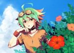 Rating: s Tags: Male, Fanart, Flower, Red Eyes, Clouds, Green Hair, Red Hair, Sky, Jewelry, T-shirt, Ahoge, Open Mouth, Necklace, Teeth, Pixiv, Goggles, Hibiscus, Red Flower, Solo, Medium Hair, Wristband, Blue Sky, Goggles On Head, Fanart From Pixiv, Two-tone Hair, Collar (Animal), Goggles Off, Yu-Gi-Oh! ARC-V, Sakaki Yuya, Pixiv Id 3924591