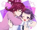 Rating: s Tags: Female, Couple, Fanart, Purple Eyes, Short Hair, Pink Hair, Purple Hair, Blush, Ponytail, Hug, Eyes Closed, Wink, Bows (Fashion), Tie, Yuri, Open Mouth, Striped, Hair Bow, Pixiv, Hair Clip, Striped Print, Smile, Medium Hair, Holding Close, Pink Shirt, Fanart From Pixiv, Closed Mouth, Pink Bow, Sasa (Pixiv1553938), Gilet, Dokidoki! Precure, Aida Mana, Kenzaki Makoto