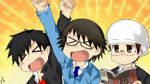 Rating: s Tags: Male, Glasses, Black Hair, Brown Hair, Short Hair, Uniform, Reading, Book, Three Males, Durarara!!, Orihara Izaya, Kishitani Shinra, Trio, Kadota Kyohei, School Uniform, Art Style Parody, Nichijou Art Style