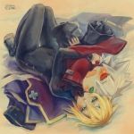 Rating: s Tags: Male, Green Eyes, Short Hair, Blush, White Hair, Hug, Blonde Hair, Sword, Laying Down, Pillow, Blue Outfit, Red Outfit, Weapons, Heterochromia, BlazBlue, Kisaragi Jin, Ragna the Bloodedge, Solo, Hugging Pillow, Looking At Camera