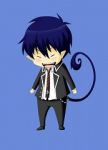 Rating: s Tags: Male, Short Hair, Tail, Chibi, Blue Background, Solo, Pointy Ears, Simple Background, Ao No Exorcist, Okumura Rin